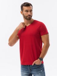 Klasyczna męska koszulka z dekoltem w serek BASIC - czerwony V14 S1369 - M. Czerwone t-shirty męskie Ombre Clothing, m, bez wzorów, z jeansu, klasyczne, bez kołnierzyka. W wyprzedaży za 29.99 zł.