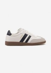 Biało-Granatowe Płaskie Klasyczne Buty Sportowe Sneakersy ze Sznurowaniem z Ozdobnym Noskiem i Paskami Timaela. Białe buty sportowe męskie Born2be, z jeansu, bez zapięcia. Za 99.99 zł.