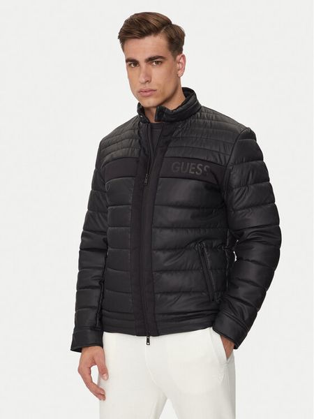 Guess Kurtka przejściowa M4YL16 WFHD0 Czarny Regular Fit. Czarne kurtki męskie Guess, m, z aplikacjami, ze skóry, bez kaptura. Za 629.99 zł.