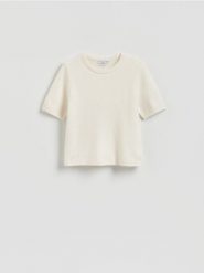 Wełniany sweter - kremowy. Białe swetry damskie Reserved, l, bez wzorów, z wełny, bez kołnierzyka, bez ramiączek, bez kaptura. Za 139.99 zł.