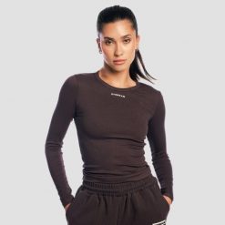 Koszulka damska fitness z długim rękawem slim brązowa Aura. Brązowe koszulki sportowe damskie GYMBEAM, l, bez wzorów, z dzianiny, bez kołnierzyka, bez ramiączek, na fitness i siłownię. Za 106.90 zł.