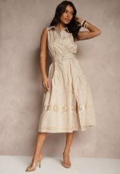 Beżowa Sukienka o Koszulowym Kroju z Paskiem Zdobiona Haftem Talliera. Brązowe sukienki damskie Renee, na co dzień, z aplikacjami, z poliesteru, eleganckie, bez kołnierzyka, bez ramiączek, midi, koszulowe. Za 119.99 zł.