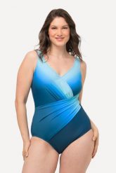 Damski Kostium kąpielowy cieniowanie miękkie miseczki dekolt w szpic. Niebieskie kostiumy jednoczęściowe damskie Ulla Popken, plus size, bez wzorów, z elastanu, plus size, do pływania. Za 279.99 zł.