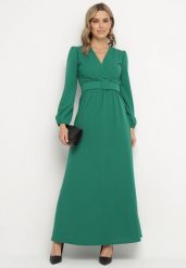 Zielona Rozkloszowana Sukienka Ozdobiona Paskiem w Talii Felirith. Zielone sukienki damskie Born2be, na co dzień, l, bez wzorów, eleganckie, bez kołnierzyka, bez ramiączek, maxi, rozkloszowane. Za 159.99 zł.