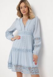Jasnoniebieska Sukienka Mini z Ażurowymi Wstawkami i Gumką w Talii Raliasa. Niebieskie sukienki damskie Born2be, na imprezę, m, w ażurowe wzory, z koronki, boho, bez kołnierzyka, bez ramiączek, mini, rozkloszowane. Za 199.99 zł.