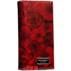 Czerwony, pionowy portfel damski w kwiaty skóra naturalna i ekologiczna RFID STOP Peterson. Czerwone portfele damskie Peterson, z aplikacjami, z lakierowanej skóry. Za 129.99 zł.