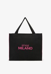 Czarno-Fuksjowa Torebka Shopper Materiałowa z Napisem Zasuwana Saliretia. Czarne torebki shopper damskie Born2be, bez wzorów, z materiału, bez dodatków. Za 74.99 zł.