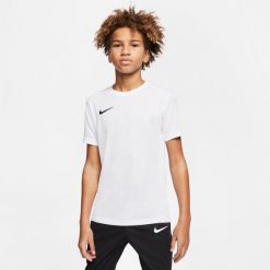 Koszulka sportowa chłopięca Nike JR Dry Park Vii. Białe bluzy dla chłopców Nike, bez wzorów, bez ramiączek, bez kaptura. Za 69.99 zł.