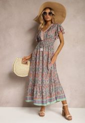 Pomarańczowo-Niebieska Rozkloszowana Sukienka w Etniczny Wzór z Krótkim Rękawem i Gumką w Pasie Zorisa. Brązowe sukienki damskie Renee, na imprezę, na lato, s, bez wzorów, eleganckie, bez kołnierzyka, bez ramiączek, maxi, rozkloszowane. Za 89.99 zł.