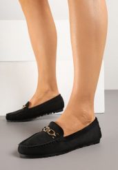 Czarne Mokasyny z Imitacji Zamszu Zdobione Metaliczną Aplikacją Soltewi. Czarne mokasyny damskie Born2be, z jeansu, eleganckie. Za 49.99 zł.