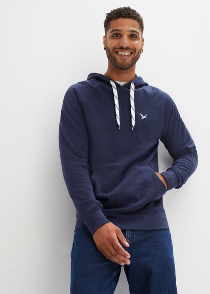 Bluza z kapturem, z czystej bawełny organicznej. Niebieskie bluzy męskie bonprix, m, bez wzorów, z bawełny, z kapturem. Za 129.99 zł.