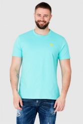 GUESS Turkusowy t-shirt męski z żółtym logo, Rozmiar S. Niebieskie t-shirty męskie Guess, m, z aplikacjami, bez kołnierzyka. W wyprzedaży za 95.99 zł.