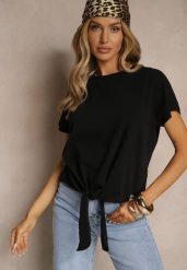 Czarny Bawełniany T-shirt Wiązany u Dołu Sunalina. Czarne bluzki damskie Renee, l, bez wzorów, z bawełny, bez kołnierzyka. Za 34.99 zł.