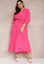 Różowa Kopertowa Sukienka z Gumką i Paskiem w Talii Zdobiona Plisowaniem Kaylina. Czerwone sukienki damskie Renee, l, z aplikacjami, bez kołnierzyka, plus size, bez ramiączek, maxi, kopertowe. Za 79.99 zł.