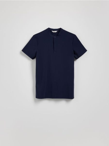 Koszula polo slim fit - granatowy. Niebieskie koszule męskie Reserved, l, bez wzorów, z dzianiny, bez kołnierzyka, bez ramiączek. W wyprzedaży za 55.99 zł.