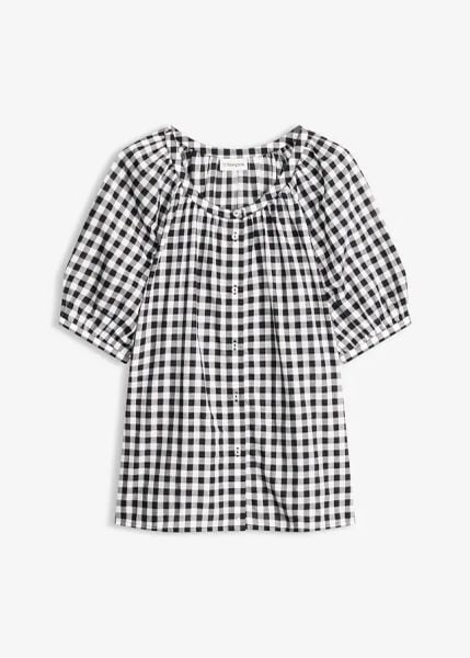 Bluzka z czystej bawełny. Czarne bluzki damskie bonprix, bez wzorów, z bawełny, bez kołnierzyka, bez ramiączek. Za 54.99 zł.