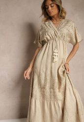 Beżowa Wiskozowa Sukienka Kopertowym Dekoltem i Frędzlami Redevie. Brązowe sukienki damskie Renee, na spotkanie biznesowe, na lato, m, bez wzorów, z wiskozy, eleganckie, bez kołnierzyka, bez ramiączek, maxi, kopertowe. Za 84.99 zł.