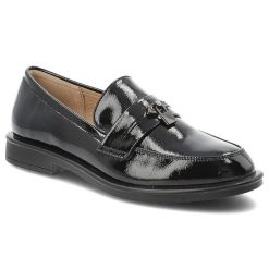 Mokasyny damskie Filippo, lakierowane loafersy na niskim obcasie z eleganckim paskiem i metalową ozdobą, czarne, DP7751/26. Czarne mokasyny damskie Filippo, z lakierowanej skóry, eleganckie. Za 170.90 zł.