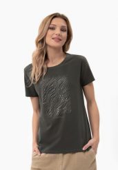 Koszulka z dżetami T-PRESTO. Brązowe t-shirty damskie Volcano, m, bez wzorów, z bawełny, klasyczne, bez kołnierzyka. Za 59.99 zł.