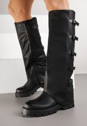 Czarne Kozaki w Typie Biker Ozdobione Klamrami Latenea. Czarne kozaki damskie Born2be, z jeansu, bez obcasa, na obcasie. Za 179.99 zł.
