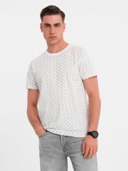 Męska koszulka dzianinowa z nadrukiem full print – biała V3 OM-TSFP-0250 - XXL. Białe t-shirty męskie Ombre Clothing, l, bez wzorów, z bawełny, klasyczne, bez kołnierzyka. Za 65.99 zł.