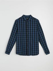 Koszula w kratę z bawełną - niebieski. Niebieskie koszule męskie Sinsay, l, bez wzorów, z bawełny, bez kołnierzyka, bez ramiączek. Za 39.99 zł.