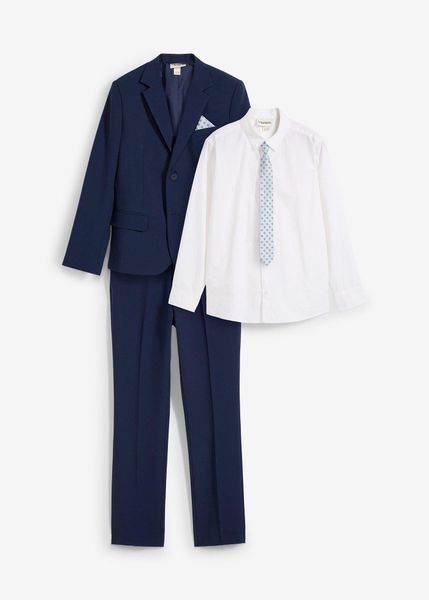 Garnitur + koszula + krawat (komplet 4-częściowy). Niebieskie koszule dla chłopców bonprix, bez wzorów, eleganckie, bez kołnierzyka, bez ramiączek. Za 249.99 zł.