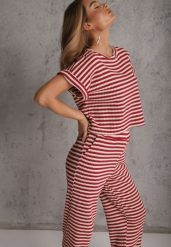 Beżowo-Czerwony Komplet z Dzianiny w Paski z Bawełną Bluzka z Krótkim Rękawem i Spodnie Akiseithe. Brązowe spodnie materiałowe dla dziewczynek Renee, bez wzorów, z bawełny. Za 179.99 zł.