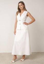 Biały Komplet Elegancki w stylu Garniturowym Trapezowa Długa Spódnica i Kamizelka z Kołnierzem i Paskiem Pentha. Białe spódnice damskie Born2be, l, bez wzorów, eleganckie, maxi, dopasowane. Za 229.99 zł.