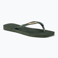 Japonki damskie Havaianas Square Logo Metallic. Zielone klapki damskie Havaianas, bez wzorów, sportowe, bez obcasa. Za 79.99 zł.
