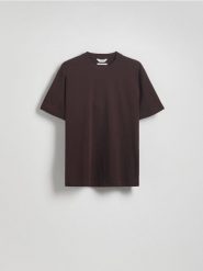 Bawełniany t-shirt boxy - ciemnobrązowy. Brązowe t-shirty męskie Reserved, l, bez wzorów, z bawełny, bez kołnierzyka. Za 59.99 zł.
