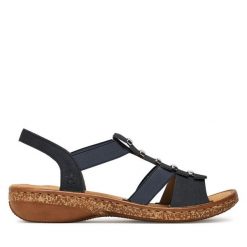 Sandały Rieker. Niebieskie sandały damskie Rieker, bez wzorów, bez obcasa, na płaskiej podeszwie, bez zapięcia. Za 209.99 zł.