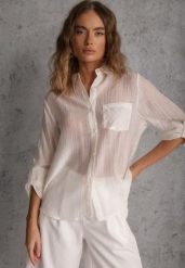 Biała Prześwitująca Koszula z Cyrkoniami Arialle. Białe bluzki damskie Renee, l, bez wzorów, z jeansu, z asymetrycznym kołnierzem, bez ramiączek. Za 89.99 zł.