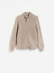 Rozpinany sweter z wełny merino - beżowy. Brązowe kardigany męskie Reserved, l, bez wzorów, z wełny. Za 259.99 zł.