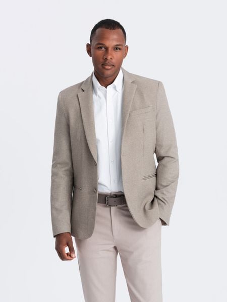 Męska elegancka marynarka z dekoracyjnymi guzikami na mankietach - beżowa V3 - Rozmiar: L. Brązowe marynarki męskie Ombre Clothing, bez wzorów, z poliesteru, eleganckie. W wyprzedaży za 149.99 zł.