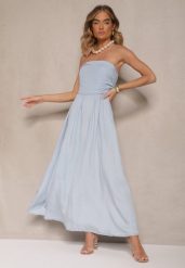 Jasnoniebieska Rozkloszowana Sukienka Bandeau Mavoreine. Niebieskie sukienki damskie Renee, na co dzień, na lato, m, bez wzorów, eleganckie, bez kołnierzyka, bez ramiączek, midi, proste. Za 74.99 zł.