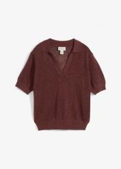 T-shirt ażurowy polo z domieszką lnu. Brązowe bluzki damskie bonprix, w ażurowe wzory, bez kołnierzyka, bez ramiączek. Za 59.99 zł.