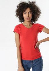 Czerwony T-shirt Nysalphia. Czerwone bluzki damskie Born2be, l, bez wzorów, z bawełny, klasyczne, bez kołnierzyka, bez ramiączek. Za 14.99 zł.