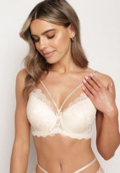 Jasnobeżowy Koronkowy Biustonosz na Regulowanych Ramiączkach Przyozdobionych Cyrkoniami Doricella. Brązowe biustonosze Born2be, bez wzorów, z jeansu. Za 39.99 zł.