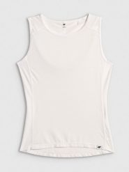 4F Potówka kolarska damska - biała S. Białe koszulki sportowe damskie 4f, s, bez wzorów, ze skóry, bez kołnierzyka, bez ramiączek, rowerowe. Za 99.99 zł.