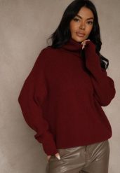 Bordowy Golf z Domieszką Wiskozy i Kaszmiru Azivara. Czerwone swetry damskie Renee, l, z aplikacjami, z jeansu, eleganckie, bez kołnierzyka, bez ramiączek, bez kaptura. Za 139.99 zł.