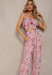 Różowy Wiskozowy Komplet Boho Krótki Top na Ramiączkach Długie Spodnie z Nogawkami Palazzo Miteri. Czerwone spodnie materiałowe damskie Renee, m, bez wzorów, z wiskozy. Za 59.99 zł.