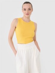 4F Crop top dzianinowy damski - żółty XS. Żółte koszulki sportowe damskie 4f, xs, bez wzorów, z bawełny, bez kołnierzyka, bez ramiączek. W wyprzedaży za 29.99 zł.