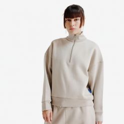 Bluza oversize ze stójką na suwak damska Elementals. Brązowe bluzy damskie Decathlon, l, bez wzorów, z bawełny, bez kaptura. Za 179.99 zł.