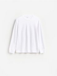 Gładki longsleeve z bawełną - biały. Białe bluzki z długim rękawem męskie Reserved, l, bez wzorów, z bawełny, bez kołnierzyka. Za 99.99 zł.