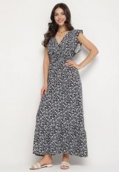 Granatowa Sukienka o Rozkloszowanym Kroju z Falbankami w Kwiatowy Wzór Aravisse. Niebieskie sukienki damskie Born2be, na co dzień, na lato, m, z aplikacjami, eleganckie, bez kołnierzyka, bez ramiączek, rozkloszowane. Za 49.99 zł.