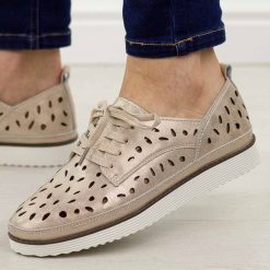 Złote ażurowe skórzane półbuty damskie S.Barski 51-611. Żółte półbuty damskie S.BARSKI, na jesień, w ażurowe wzory, ze skóry, klasyczne, bez obcasa, bez zapięcia. Za 219.00 zł.