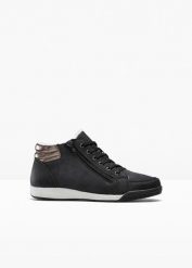 Ocieplane sneakersy za kostkę z zamkiem błyskawicznym. Czarne obuwie sportowe damskie bonprix, bez wzorów, z materiału. Za 124.99 zł.