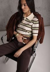 Zielono-Kremowy T-shirt Polo z Wiskozą w Paski z Guzikami Vevevia. Zielone koszule damskie Renee, m, bez wzorów, z jeansu, sportowe, bez kołnierzyka, bez ramiączek. Za 119.99 zł.