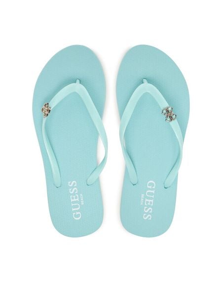Guess Japonki E6GZ14 BB00F Turkusowy. Niebieskie klapki damskie Guess, z aplikacjami, z syntetyku, bez obcasa. Za 179.99 zł.